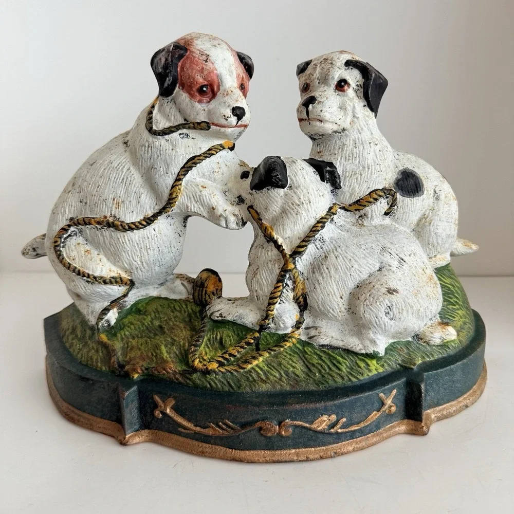 Vintage Cast Iron Dog Trio Doorstop Three Puppies With Rope Painted Heavy